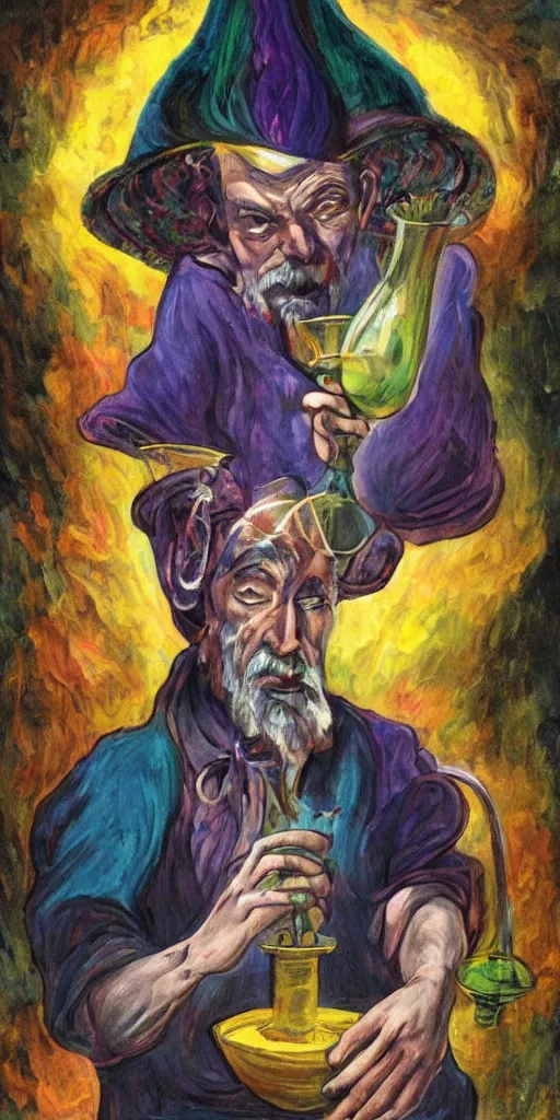 Image similar to a mystical man with a goblet on the table, wizard hat, psychedelic