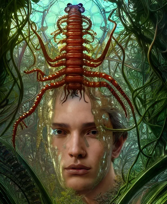 Image similar to intricate ornate opulent transparent clear see - through portrait of a terrifying beautiful male alien centipede, mottled coloring, adorable, childlike, overgrown jungle environment, ultra realistic, concept art, art nouveau, photorealistic, octane render, 8 k, unreal engine. art by christopher marley and artgerm and greg rutkowski and alphonse mucha