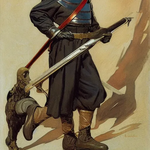 Image similar to maximalist medieval foot soldier, by j. c. leyendecker