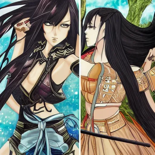 Prompt: two beautiful female warriors facing off, detailed manga art