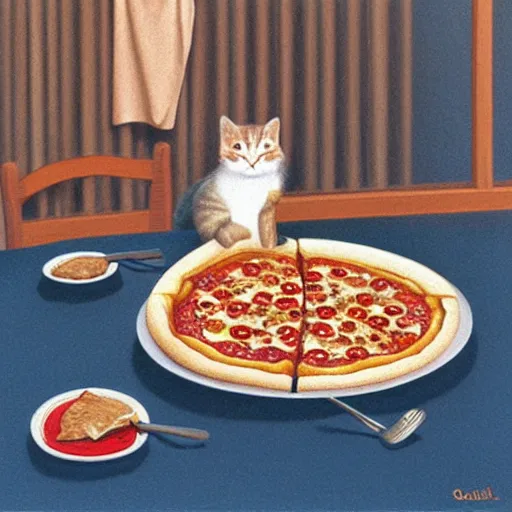 Image similar to calico cat eating pizza by Quint Buchholz