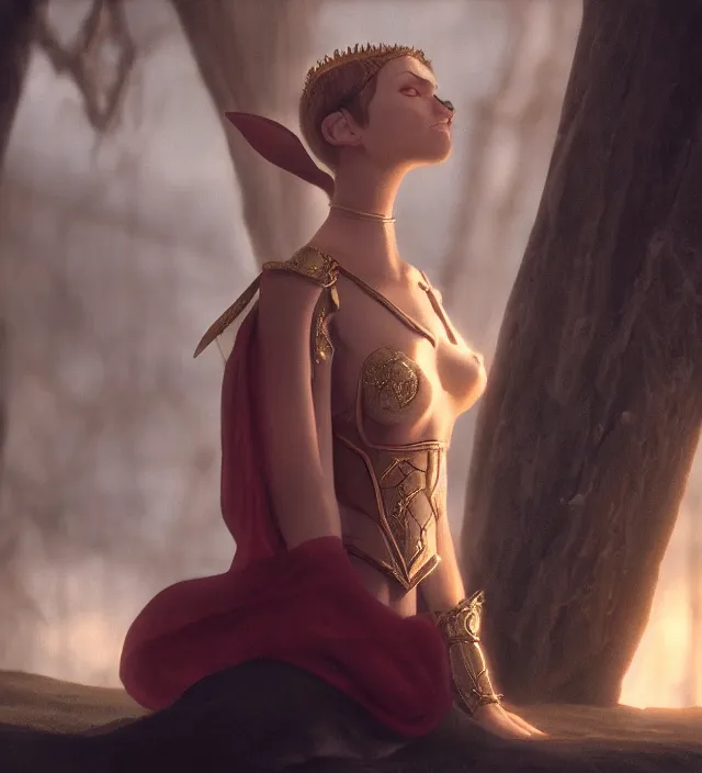 Image similar to portrait of a female magic elf on her knees, looking up, praying for her life, d & d, movie still frame, hd, remastered, film grain, cinematic lighting