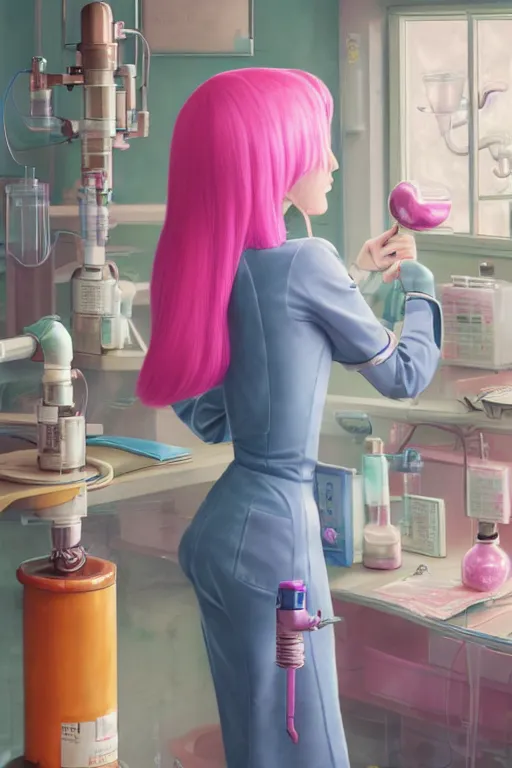 Prompt: highly detailed, industrial photography, colored gel light, profile photo of adult princess bubblegum from adventure time, working in her science lab, wearing lab coat, long bubblegum hair, long straight bangs, confident, beautiful, attractive, illustration concept art by nicoletta ceccoli, mark ryden, lostfish, detailed and intricate environment, 8 k resolution, hyperrealistic, octane render
