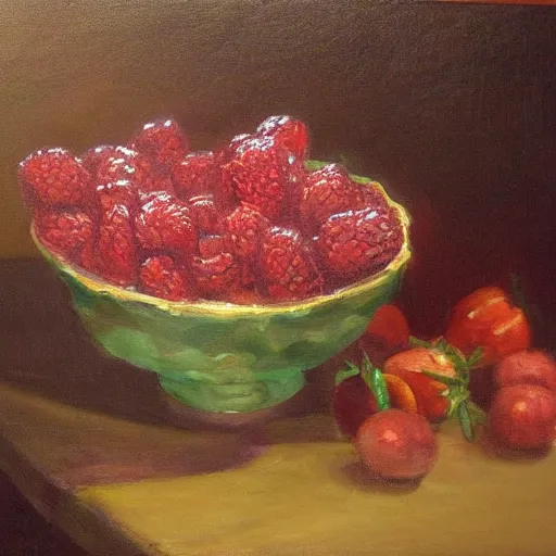 Image similar to a painting of a bowl of berries and a cup of tea, a still life by juliette wytsman, featured on deviantart, american impressionism, rich color palette, acrylic on canvas