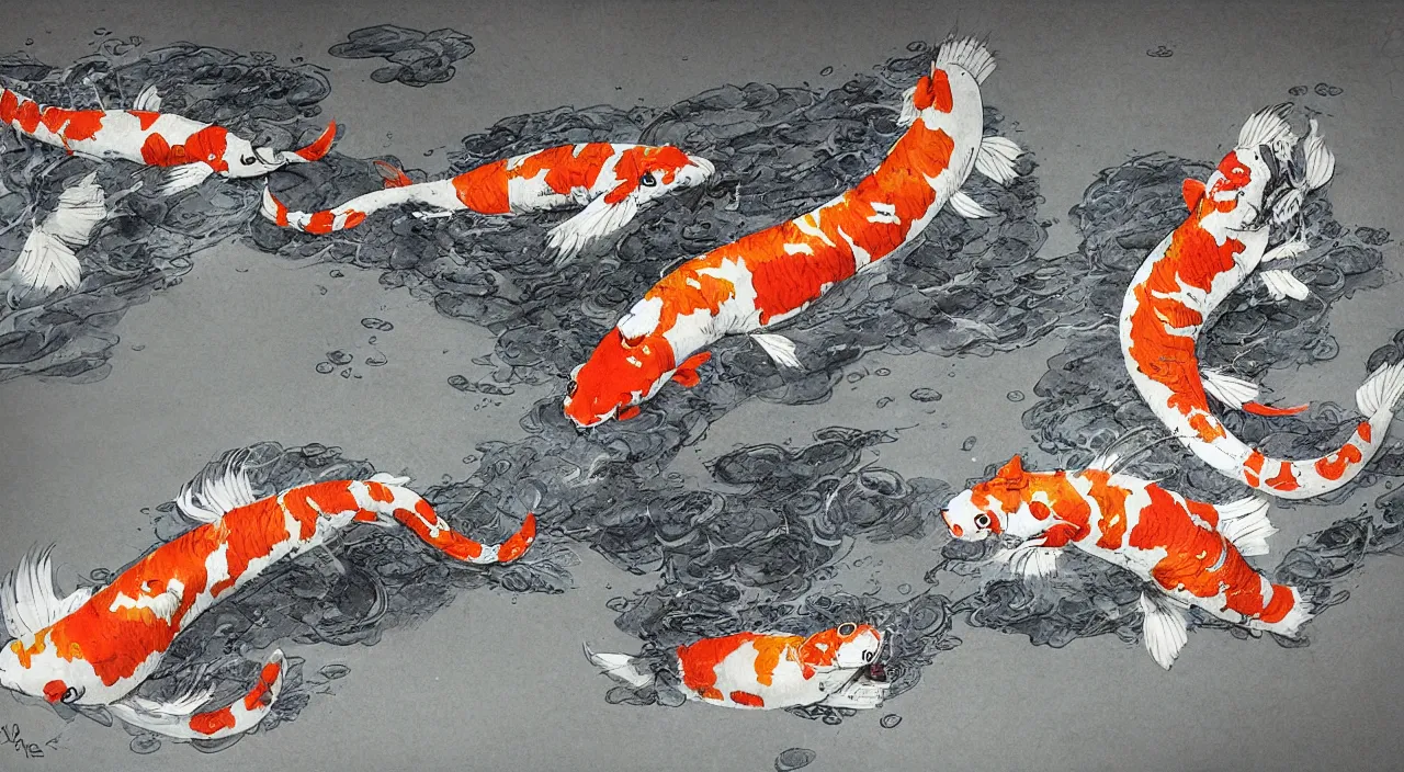 Prompt: Transformation of koi into a tiger, forced perspective, by Kim Jung Gi