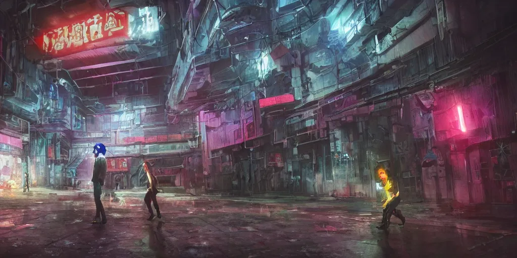 Prompt: cinematic shots of teenagers with tech clothing and hoods and tactical masks doing risky parkour inside the huge industrial sewers of a dystopian city, neon lights, sci - fi, night lights, haze, concept art, intricate, in the style of katsuhiro otomo, akira, unreal engine