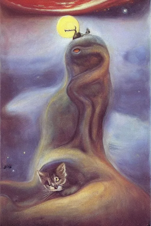 Image similar to tiny kitten meets a colossal space monster, oil painting by Edvard Munch, Zdzislaw Beksinski