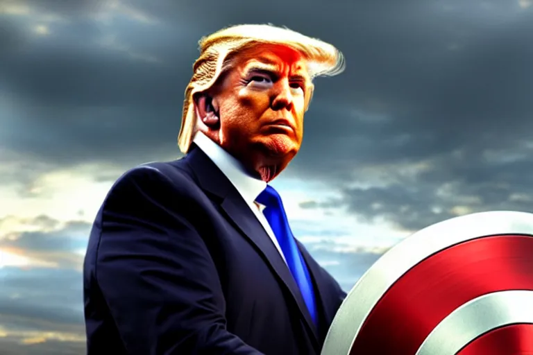 Image similar to a film still of trump in a captain america, high quality