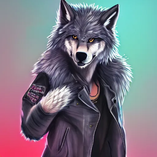 Image similar to award winning beautiful portrait commission of a male furry anthro wolf fursona with a bushy tail and a leather jacket, cute, beautiful, attractive, detailed,