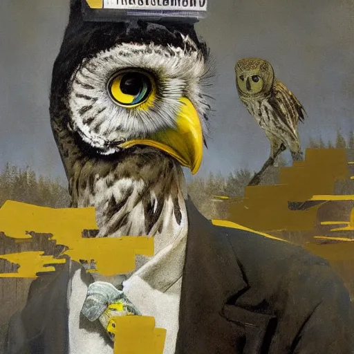 Image similar to shredded physique feathered tall neck beak Portrait of Henry James camouflaged as Owl whilst wearing a yellow tuxedo Standing atop a Garbage Truck Greg Rutkowski Vik Muniz clarence holbrook carter Andrew Wyeth Dan Witz