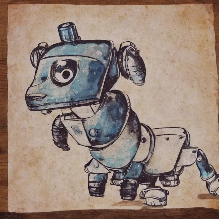 Image similar to a cute retro robot dog. alcohol inks on parchment, muted colors, detailed, beautiful, textured parchment background, 1 9 5 0 s concept art