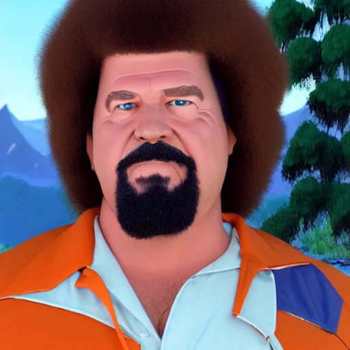 Prompt: a closeup photorealistic photograph of bob ross as kenny powers. mountains and trees. film still. brightly lit scene. this 4 k hd image is trending on artstation, featured on behance, well - rendered, extra crisp, features intricate detail, epic composition and the style of unreal engine.