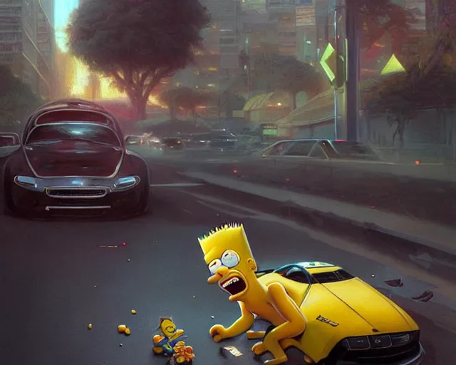 Image similar to realistic photography of bart simpson involved in a car crush, deep focus, intricate, elegant, highly detailed, digital painting, artstation, concept art, matte, sharp focus, illustration, art by artgerm and greg rutkowski and alphonse mucha