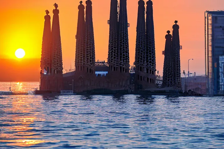 Prompt: views of catastrophic barcelona's agbar tower covered with high water, global warming, floating cars, sunset lighting, photo real