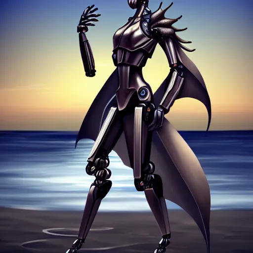 Prompt: full body pose, realistic detailed stunning anthropomorphic robot female dragoness, doing an elegant pose with hand on hips, looking to the side, sleek streamlined armor and design, wearing a cape that blows in the wind, on the beach during sunset, high quality, artstation, deviantart, furaffinity