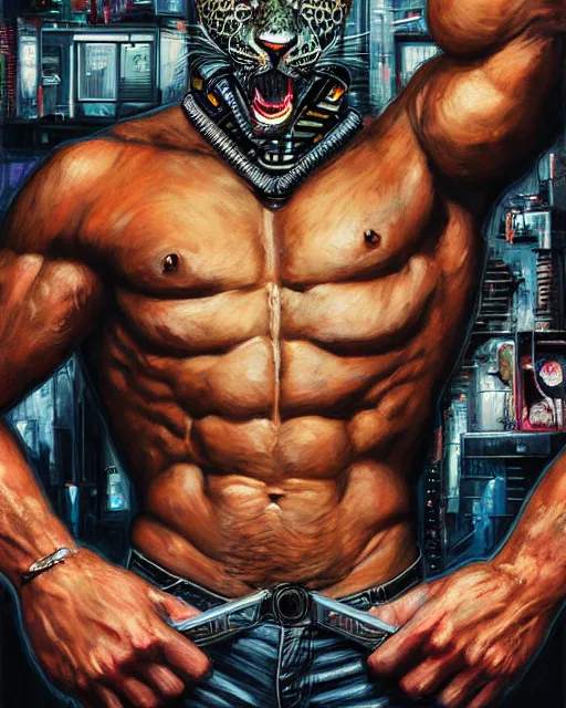 Prompt: a portrait of a muscular anthropomorphic cyberpunk leopard by sandra chevrier, by jon foster, detailed render, pistol in holster, tape deck, epic composition, cybernetics, 4 k realistic, cryengine, realistic shaded lighting, sharp focus, masterpiece, by enki bilal