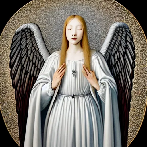 Image similar to highdetailed hyperrealistic painting of white angel!!! no gender smiling noface!!!, light instead of hands, white sparkles everywhere, 4 k hd face!!!, big silver high detailed wings!!!, renaissance, by jan van eyck, holography space, glow effect, large strokes, monochrome!!!!!