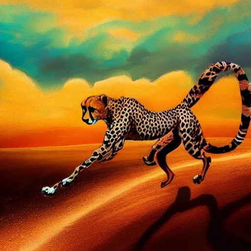 Prompt: cheetah running on a rainbow, high detail, concept art, artstation,