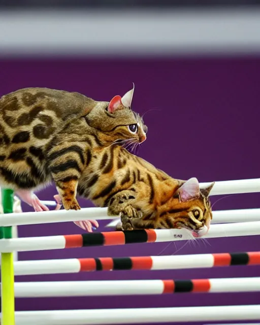 Prompt: A mouse performing a pole vault at the Olympics over a a hungry Bengal Cat, photoreal