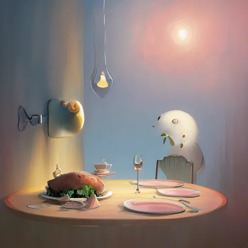 Prompt: Fine Dining, soft colors and light, trending on artstation by Gediminas Pranckevicius