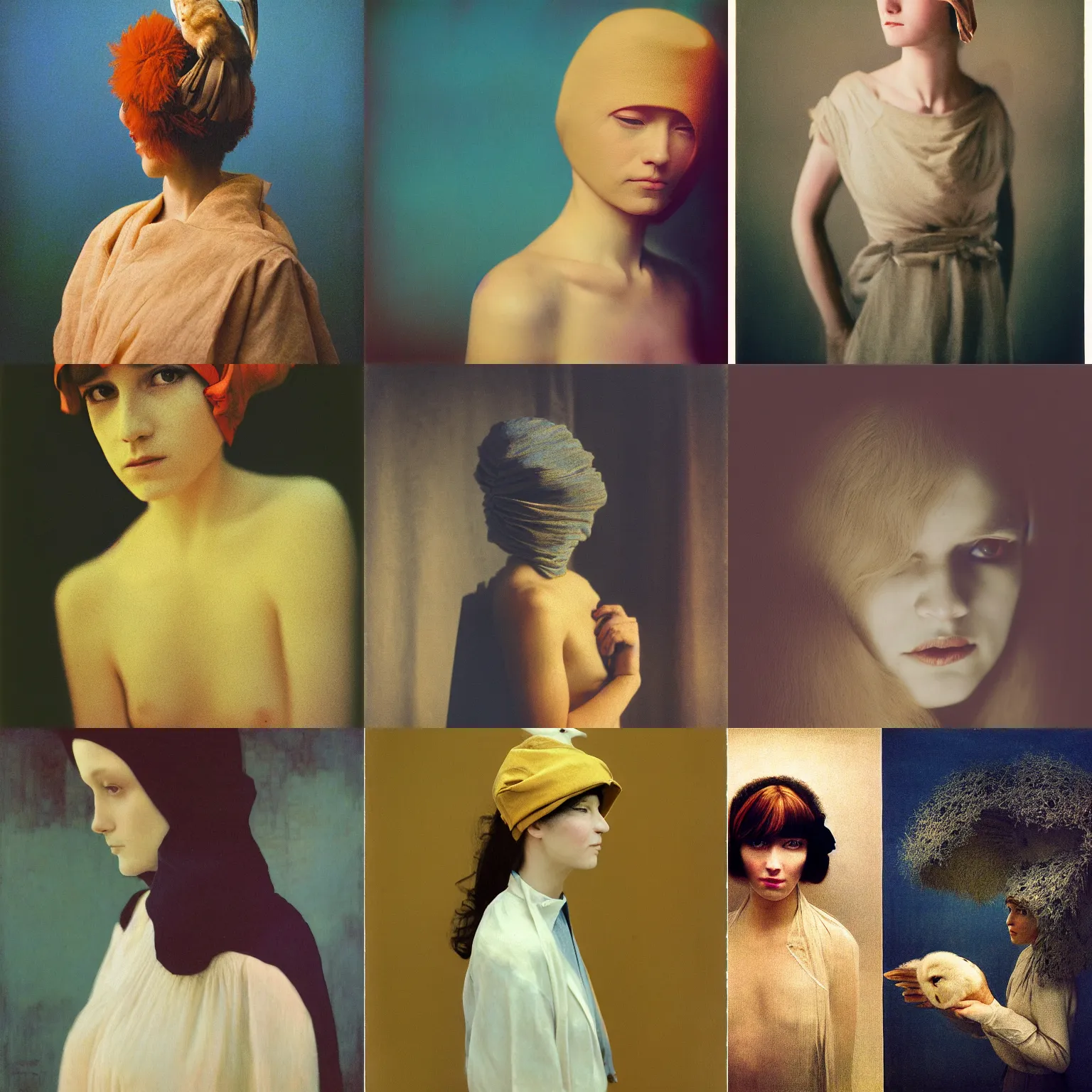 Prompt: kodak portra, 8 k, soft light, clean lines, fine art portrait photography, woman with barn owl face covering head, fashion photography, maxfield parrish, moebius, james jean, yoji shinkawa, odilon redon, gaston bussiere, eugene grasset, janis rozentals