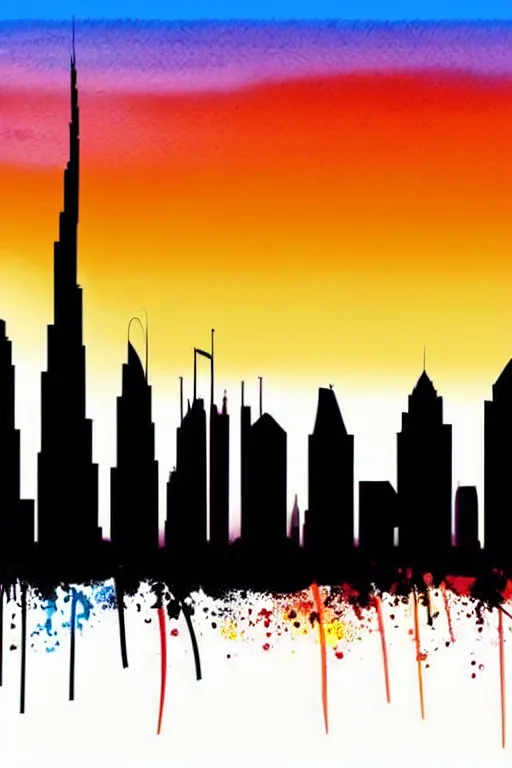 Image similar to minimalist watercolor art of dubai skyline at sunset, illustration, vector art