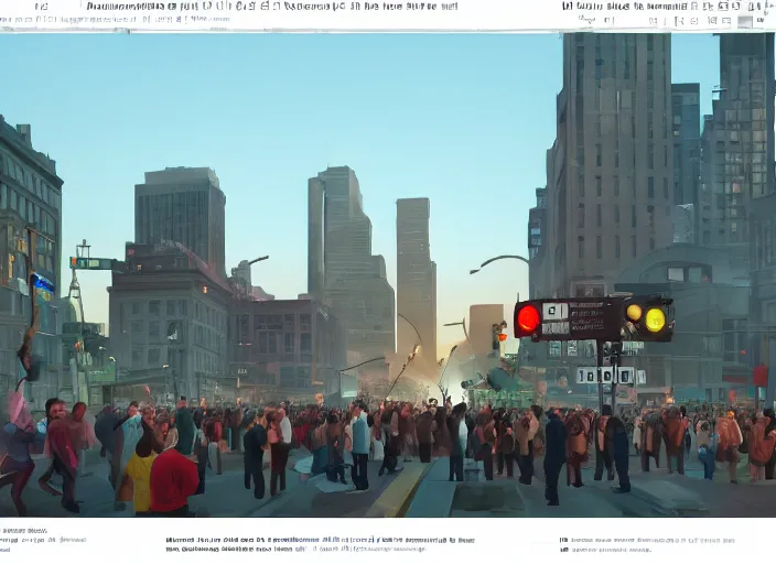 Image similar to crowd of working citizens protests while missles and bombs explode in the city, DSLR 35mm, by Edward Hopper and Dan Mumford and WLOP and Aleksandr Aleksandrovich Deyneka and Andrei Andreyevich Popov, Unreal Engine 5, Lumen, Nanite