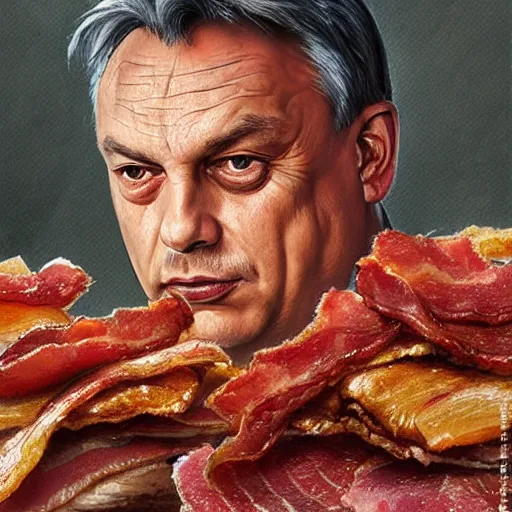 Image similar to viktor orban with detailed eyes, sitting on a large pile of bacon by greg rutkowski