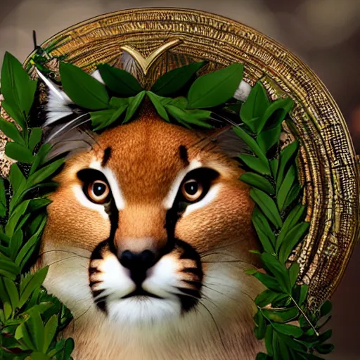 Image similar to caracal, laurel wreath on his head, in laurel wreath, dressed in laurel wreath, has a laurel wreath, fullbody photo, cinematic, high detail, cinematography, vfx, 8 k