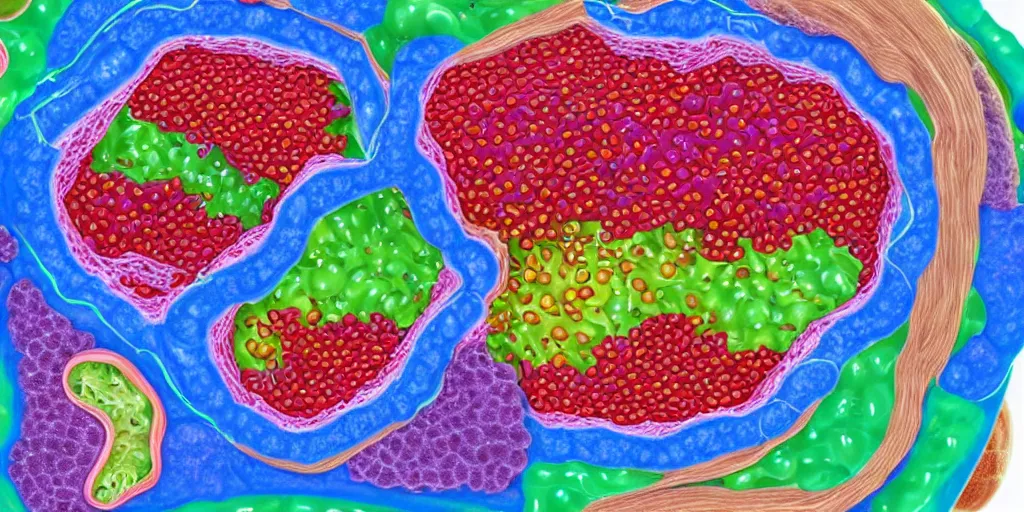 Image similar to cutaway of the interior of a human cell, showing the nucleus and organelles, made of fruit floating in jello