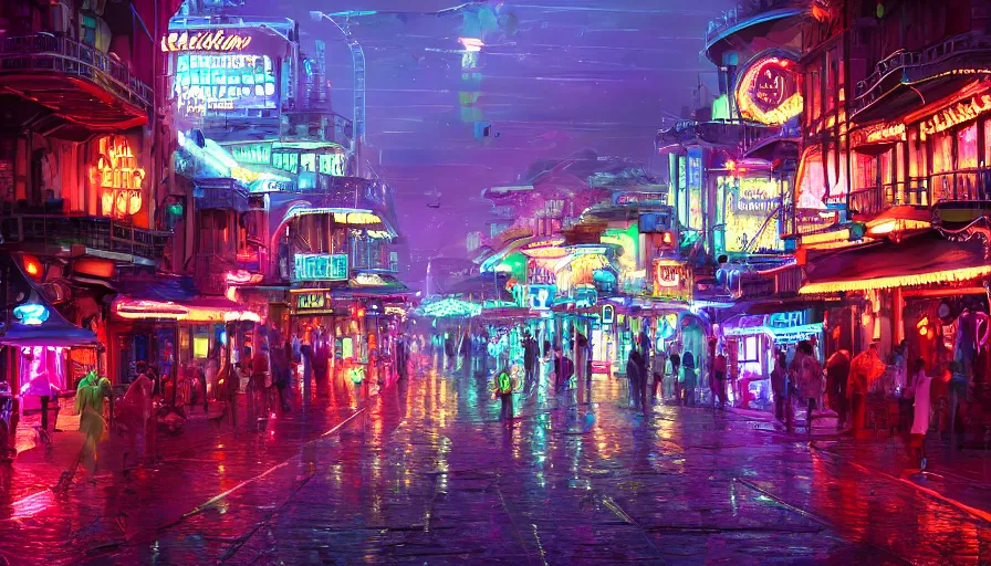 Image similar to futuristic bourbon street with color lights at night, fanfare, hyperdetailed, artstation, cgsociety, 8 k