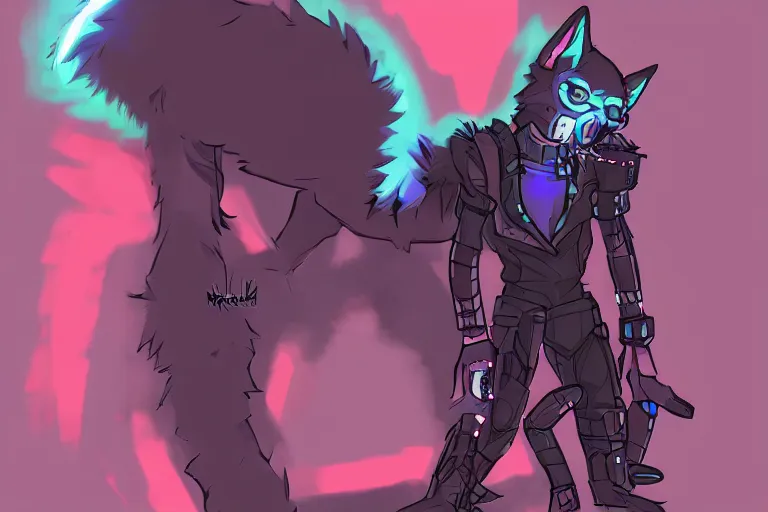 Image similar to a cyberpunk anthropomorphic wolf with a fluffy tail, comic art, trending on furaffinity, cartoon, kawaii, backlighting, furry art!!!, neon, concept art