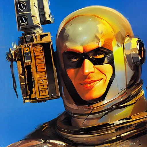 Prompt: hyper realistic portrait of batman in desert, wearing astronaut outfit, 35mm, painting by John berkey