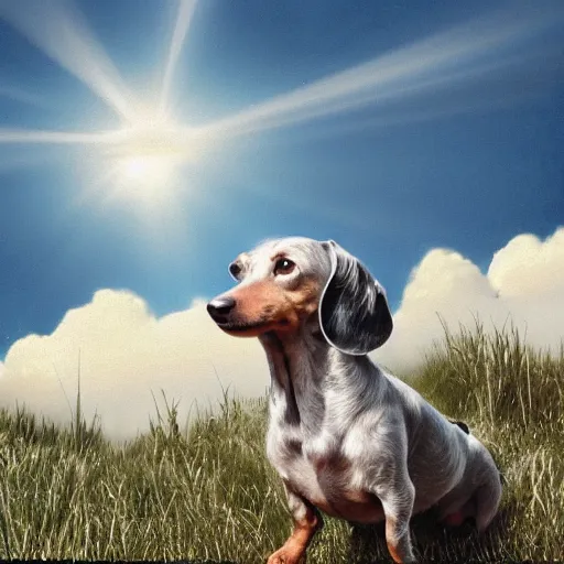 Prompt: an elderly, light gray wire-haired dachshund floating in heaven, blue sky, surrounded by beautiful white clouds, with a halo over his head