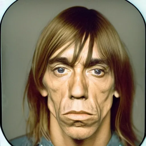 Image similar to Mugshot Portrait of Young Iggy Pop, taken in the 1970s, photo taken on a 1970s polaroid camera, grainy, real life, hyperrealistic, ultra realistic, realistic, highly detailed, epic, HD quality, 8k resolution, body and headshot, film still, front facing, front view, headshot and bodyshot, detailed face, very detailed face
