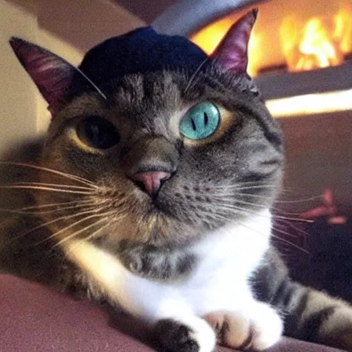 Prompt: A low quality dark photo of a cat with red eyes smoking weed and wearing a beanie, it is very stoned and tired