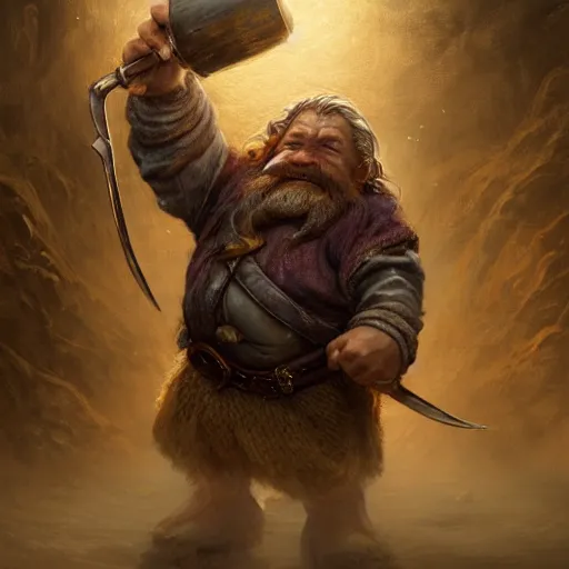 Image similar to portrait of a dwarf hugging the humongous raw, unrefined gold nugget, lump of native gold, realistic, beautiful, fantasy art, dnd, lord of the rings, mid - shot, moody lighting, by greg rutkowski, wlop, artgerm, concept art, sharp focus, ray tracing