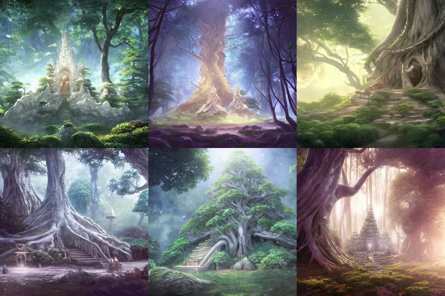 Prompt: An elven temple made from white wood built into a gigantic tree, cinematic angle, beautiful, studio Ghibli, magical, cinematic lighting, detailed realism painting, hyperrealistic, 8k