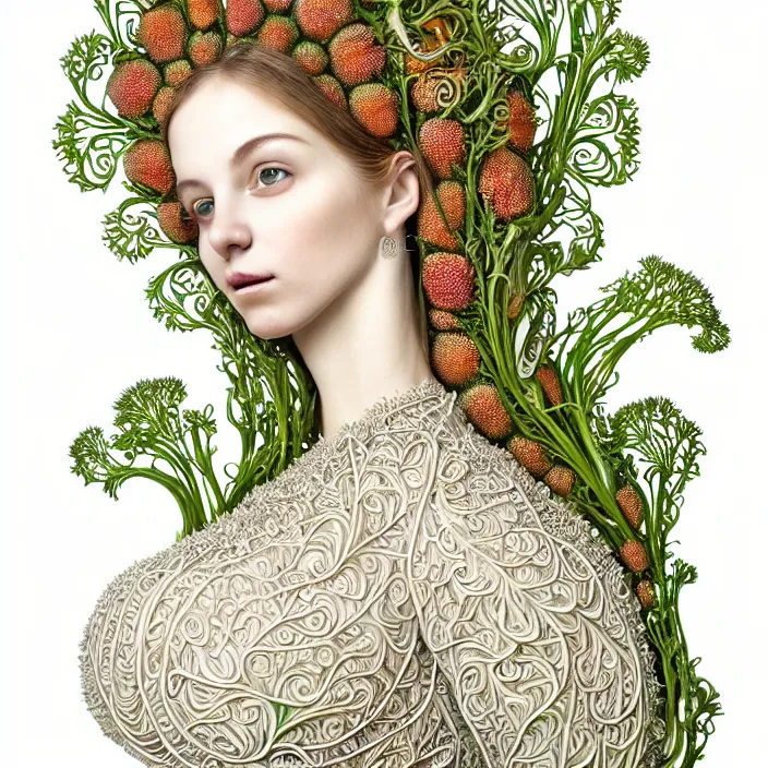 Image similar to Portrait of a beautiful woman like a queen-vegetables-angel, dressed in long elegant intricate ornamental vegetables white dress, natural skin tone, intricate fractal highly detailed vegetables ornament in the upper side of breast, bust with a very long neck , elegant, highly detailed intricate vegetables ornament in her long hair, Realistic, Refined, Highly Detailed, Cinematic pastel Lighting, fine art photography by Flora Borsi, volumetric lighting, hyper realistic photography, 8k