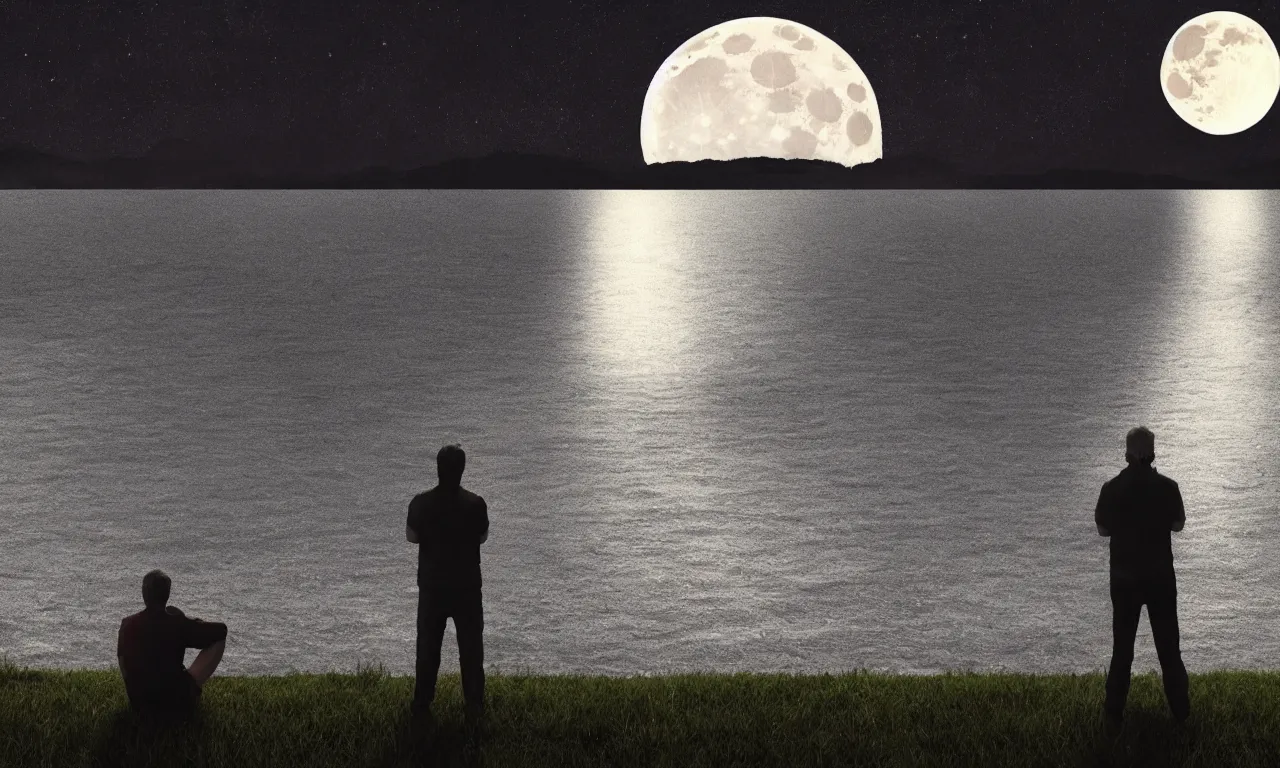 Image similar to a one man siting looking at the moon light in front of the lake, trending on artstation