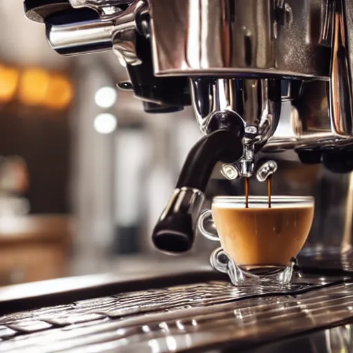 Image similar to close up realistic detailed photo of a fancy espresso machine in a cozy coffee shop, hdr, chrome, reflections, volumetric lighting, copper, black, overcast, diffuse light