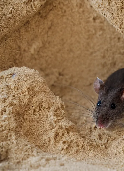 Image similar to dslr photo still of a mouse inside a sand castle, 8 k, 8 5 mm f 1. 4