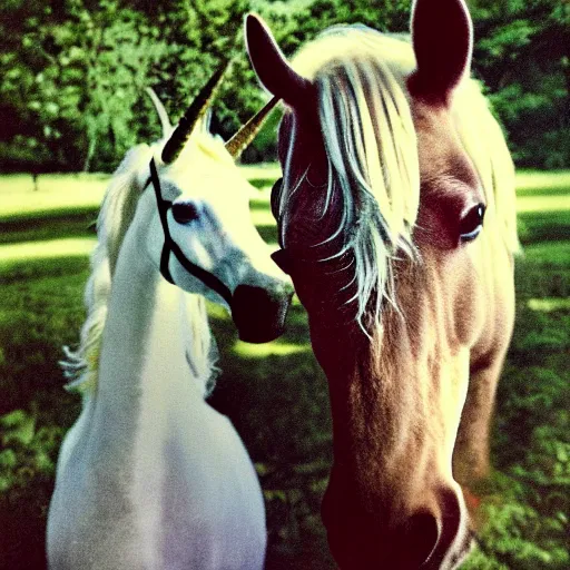 Image similar to grainy head to shoulder portrait polaroid film photograph of a unicorn in a national state park wearing aviator shades. super resolution. surreal. extremely detailed. polaroid 6 0 0 film. by annie leibovitz and richard avedon