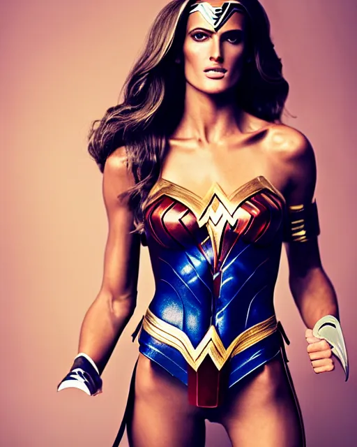 Image similar to photoshoot of model izabel goulart as wonder woman, hyperreal, studio lighting, photography in the style of annie leibovitz, soft focus, bokeh, 1 5 0 mm