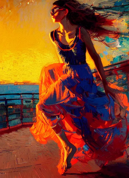 Image similar to portrait of beautiful girl, dancing, ecstatic, ibiza night club, sunset, shades of orange and blue, beautiful face, rule of thirds, intricate outfit, spotlight, by greg rutkowski, by jeremy mann, by francoise nielly, by van gogh, digital painting