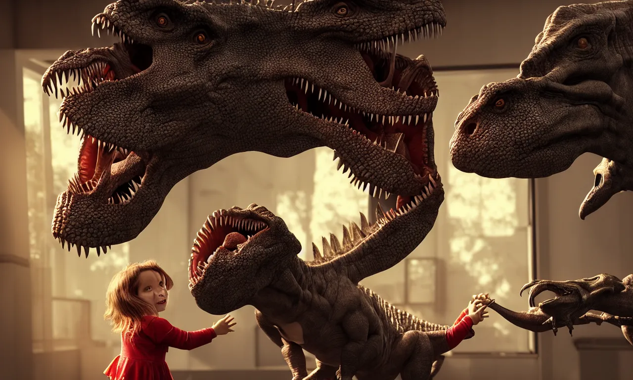 Image similar to portrait of a little girl sticking her hand through the bars and feeding a tyrannosaurus, very high details, raytracing, back light, raymarching, by ilm, by digital domain, by weta digital