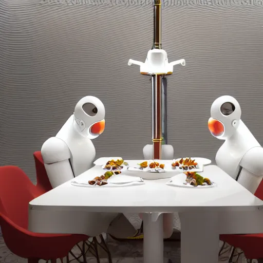 Image similar to three large white glossy kuka industrial robot arms on the floor around a dinner table, the robot arms are wearing bow ties, they are having dinner inside a fine dining restaurant with mid century modern furniture and decor, global illumination, artstation, fantasy