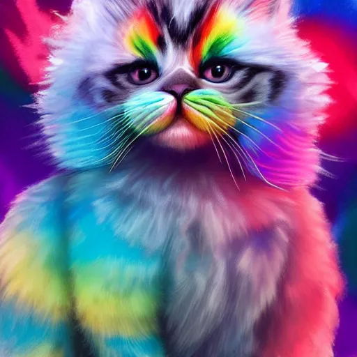 Image similar to wide angle full body, jacket wearing fluffy cute rainbow kitten wearing a black leather motorcycle jacket, cinematic concept art