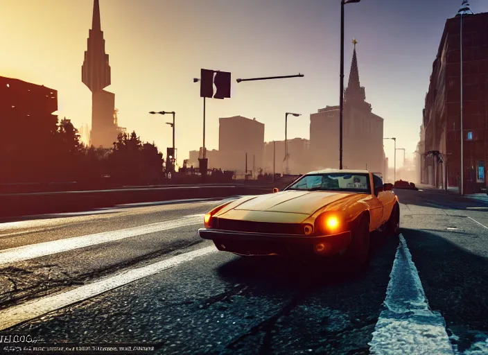 Prompt: gta in moscow, playstation 5 screenshot, mega details, golden hour, orange lights, fog, beautiful rtx reflections, brutalism buildings, photorealistic, unreal engine 5, octane render, volumetric light, cg society, 4 k, bokeh, lada car, artstation