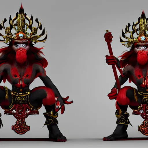 Image similar to monkey king godly lord of monkeys, wearing a crown, holding a staff, sitting in throne, dark lighting, dim lightning, red eyes, gothic dark style 8 k render high detail